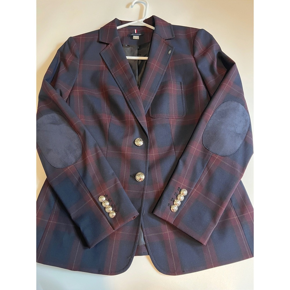 Tommy Hilfiger Women 10 Heritage Plaid Blazer Navy Burgundy Academia Collegiate